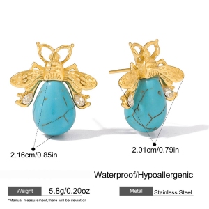 1 Paire De Boucles D'Oreilles Puces Chics En Acier Inoxydable Doré, Imperméables, Avec Pierre Naturelle Et Zircon, Motif Insectes. h5