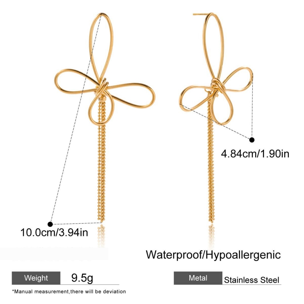 1 Paire De Magnifiques Boucles D'Oreilles Pendantes Pour Femme, En Acier Inoxydable Doré, Avec Nœud Papillon Et Pompon. Image2