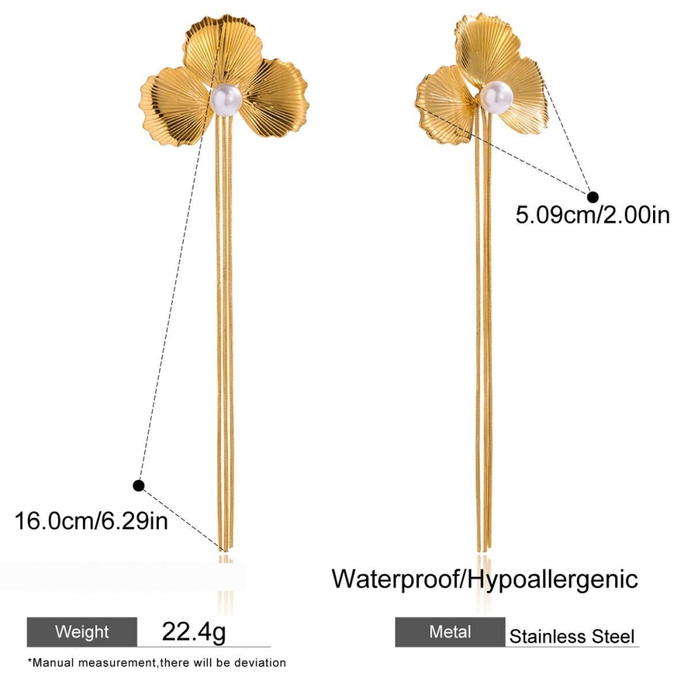 Boucles D'Oreilles Pendantes Élégantes Pour Femme, En Acier Inoxydable Doré, Avec Pompon Et Fleur, Imperméables (1 Paire). h5Image2