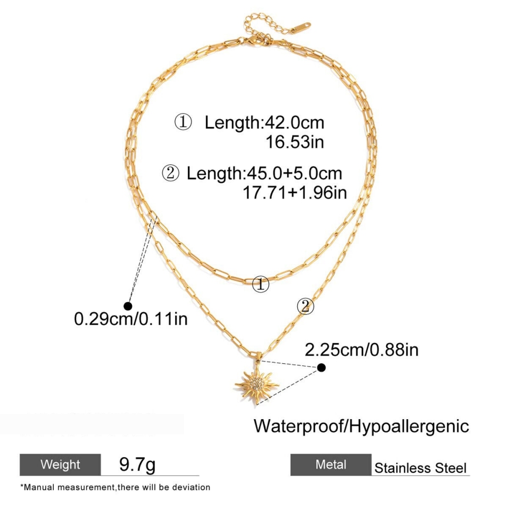 Collier À Plusieurs Rangs Élégant Pour Femme, En Acier Inoxydable Doré, Étanche, Avec Motif Soleil (1 Pièce) Image2