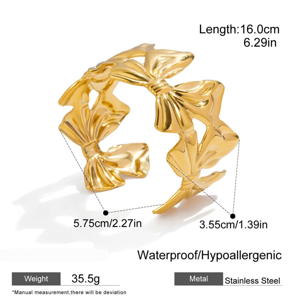 Bracelet Manchette Sophistiqué Pour Femme, En Acier Inoxydable, Étanche, Couleur Or, Avec Nœud Papillon (1 Pièce). Image2