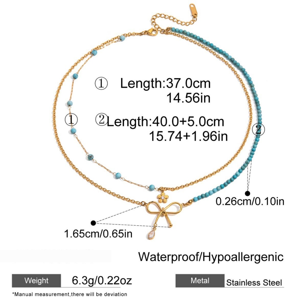 Collier À Plusieurs Rangs Pour Femme, Orné D'Un Nœud Papillon Élégant, En Acier Inoxydable Imperméable Et Couleur Or (1 Pièce) Image2
