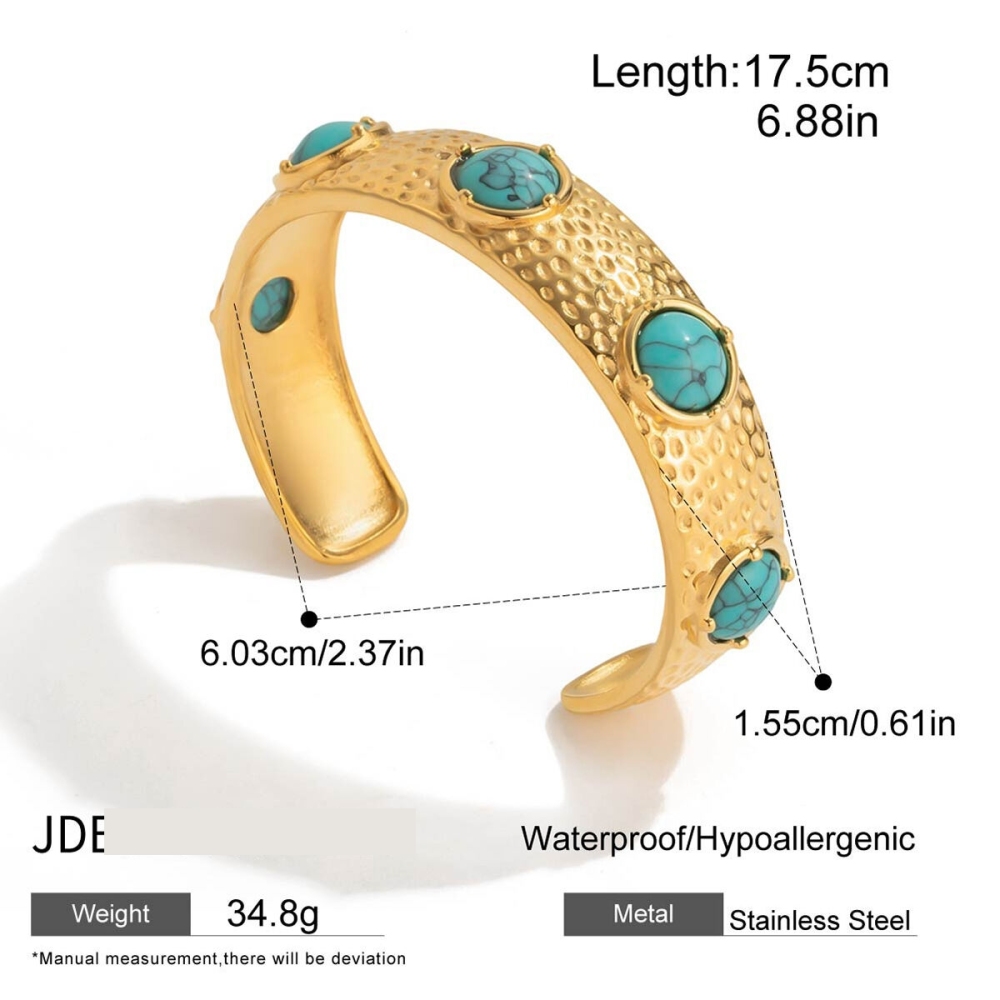 Bracelet Manchette Rétro Rond En Acier Inoxydable Étanche Couleur Or Avec Pierre Naturelle (1 Pièce) 