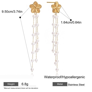 Boucles D'Oreilles Élégantes Pour Femme, Ornées De Perles Et De Pompons Floraux, En Acier Inoxydable Imperméable Couleur Or (1 Paire). h5 Image2