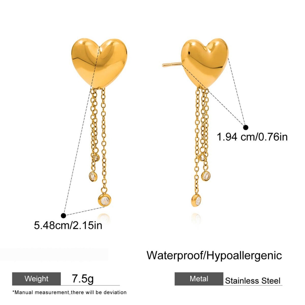 Boucles D'Oreilles Pendantes Romantiques En Forme De Cœur Avec Pompon, En Acier Inoxydable Étanche, Couleur Or, Pour Femme (1 Paire). Image2
