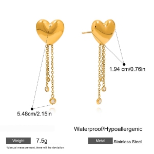 Boucles D'Oreilles Pendantes Romantiques En Forme De Cœur Avec Pompon, En Acier Inoxydable Étanche, Couleur Or, Pour Femme (1 Paire). h5 Image2