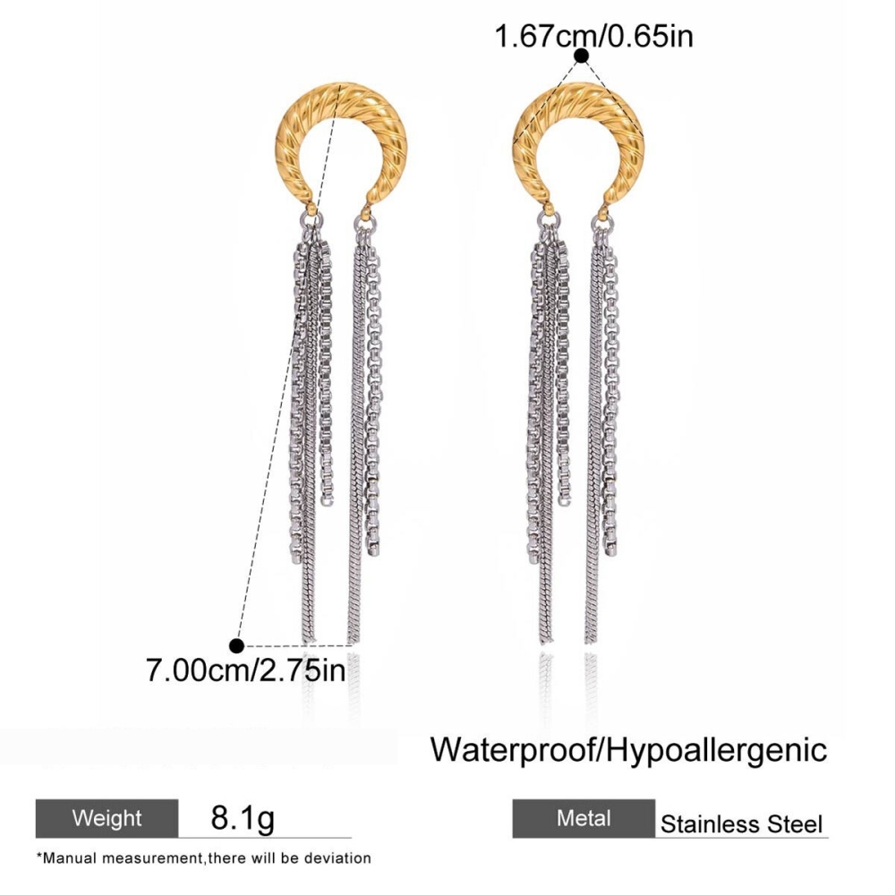 Boucles D'Oreilles Pendantes Pour Femme, Style Décontracté, Avec Pompon Et Lune, En Acier Inoxydable Étanche, Couleur Or (1 Paire). Image2