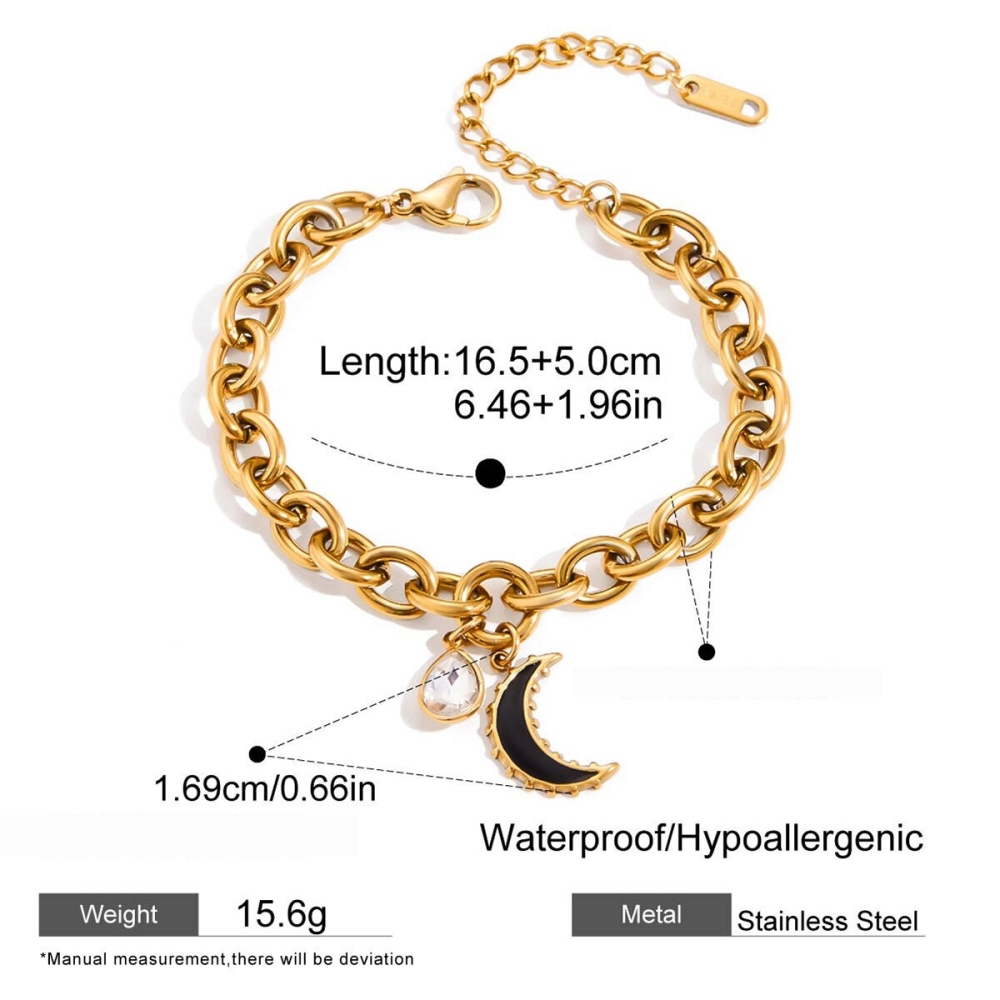 Bracelet À Breloques Classique Lune Pour Femme, En Acier Inoxydable Étanche, Couleur Or (1 Pièce). Image2