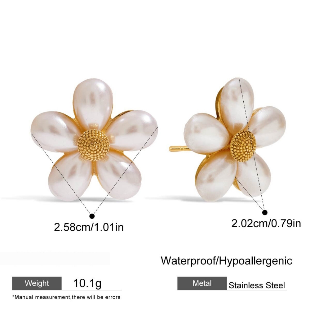 1 Paire De Boucles D'Oreilles Puces Élégantes En Acier Inoxydable Doré, Imperméables, À Motif Floral Et Coquillage. 