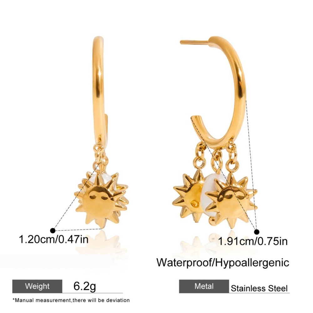 1 Paire De Boucles D'Oreilles Créoles Luxueuses Sun En Acier Inoxydable Étanche Couleur Or Avec Perles Pour Femmes Image2