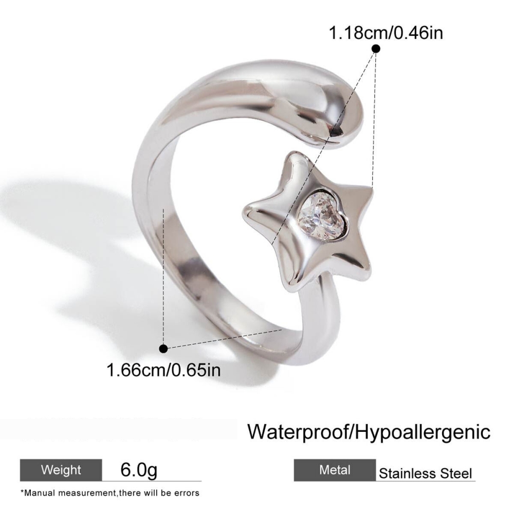 Bague Design Étoile En Acier Inoxydable, Étanche, Couleur Or Blanc. 