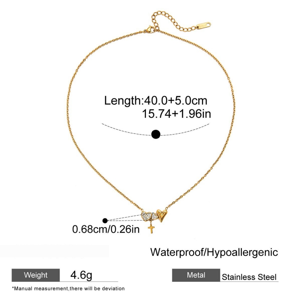 Collier Pendentif Femme Exquis En Acier Inoxydable Étanche Couleur Or, Représentant Un Cœur Et Une Croix (1 Pièce) h5Image2