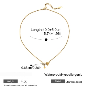 Collier Pendentif Femme Exquis En Acier Inoxydable Étanche Couleur Or, Représentant Un Cœur Et Une Croix (1 Pièce) h5 Image2