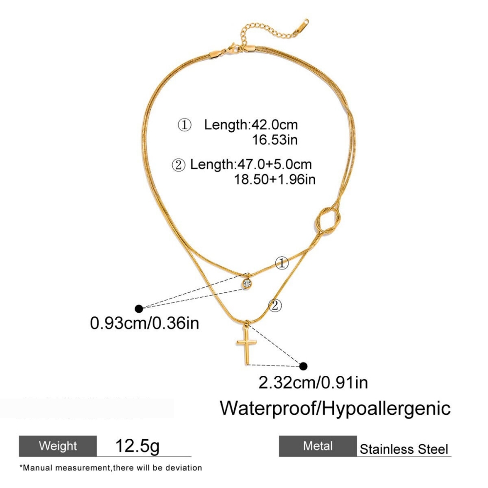 Collier Classique À Plusieurs Rangs En Acier Inoxydable Doré, Étanche, Avec Croix (1 Pièce) Image2