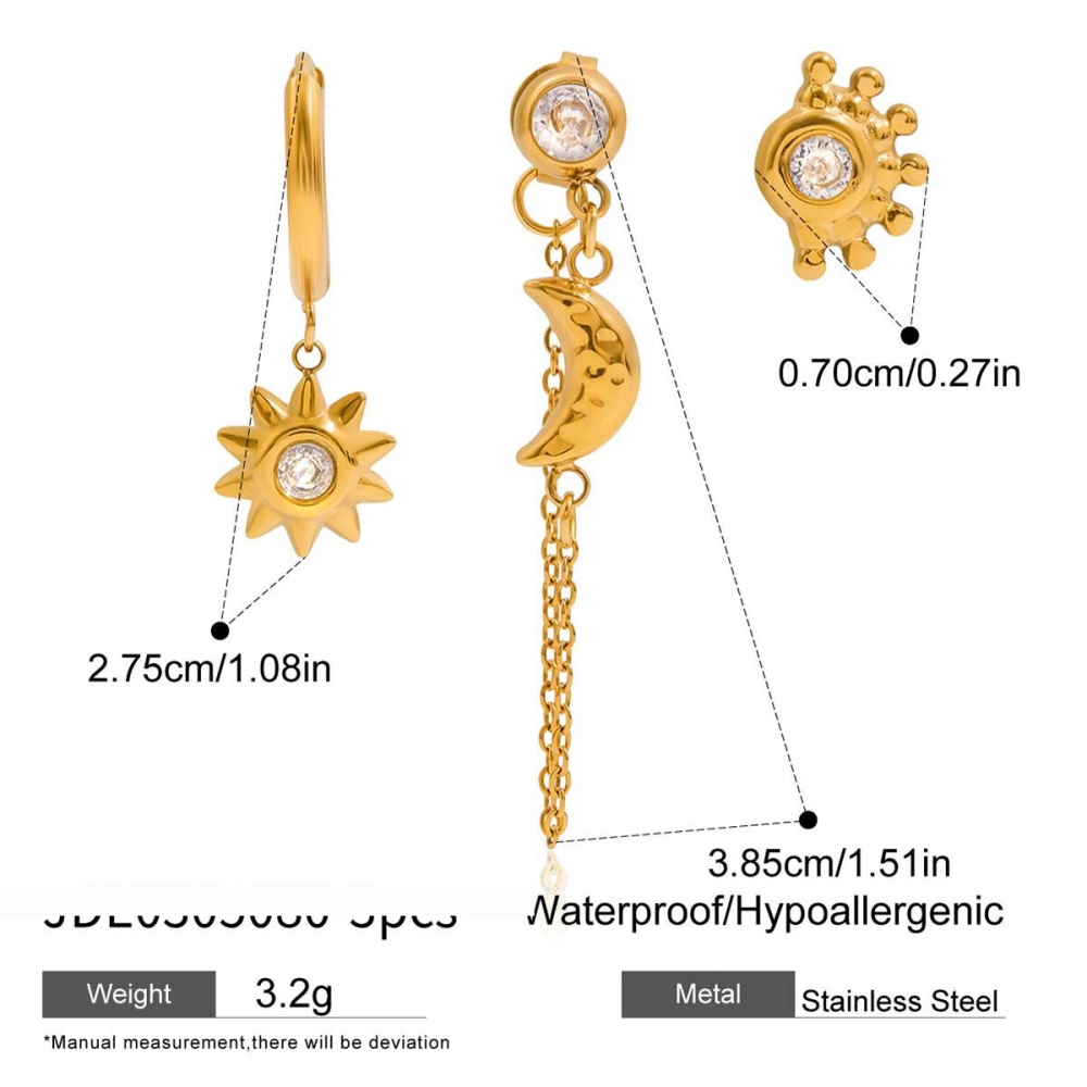 1 Paire De Boucles D'Oreilles Élégantes Soleil Et Lune En Acier Inoxydable Étanche Couleur Or De La Série Classique Image2