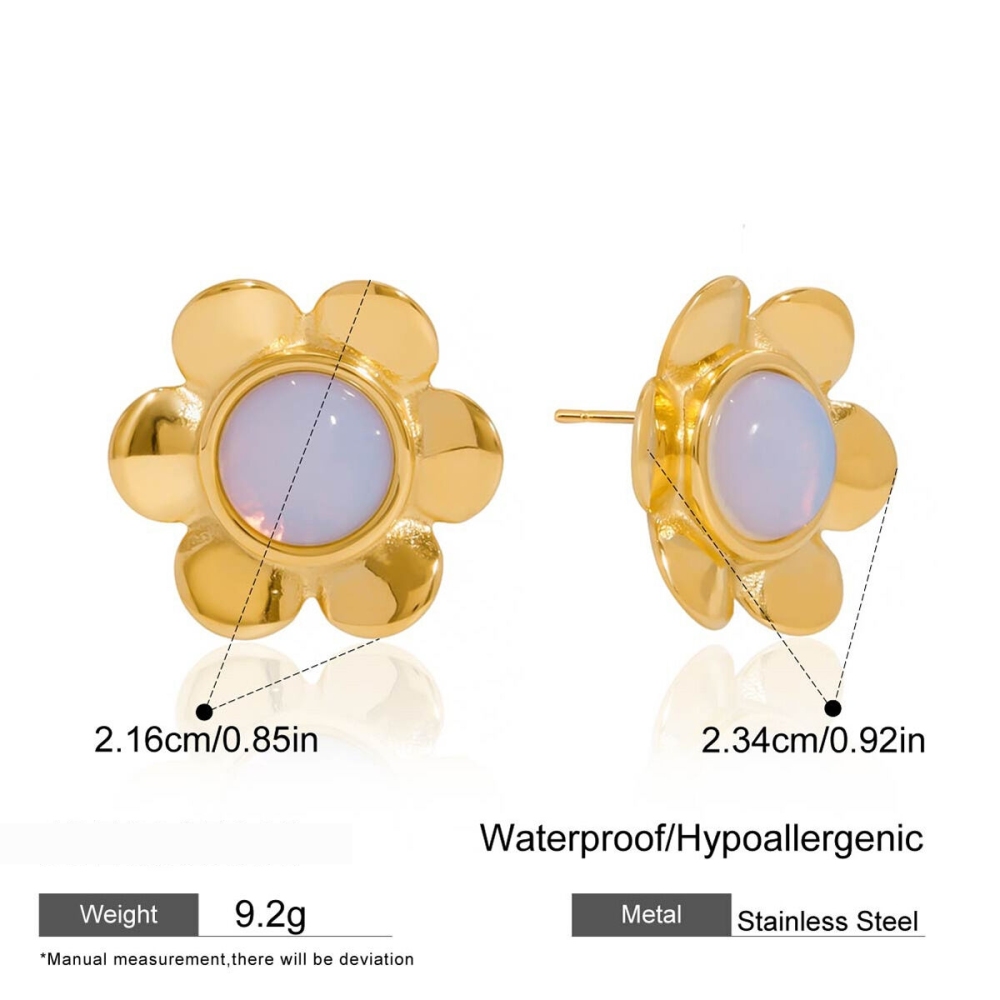 1 Paire De Boucles D'Oreilles Puces Classiques En Acier Inoxydable Doré, Ornées D'Une Fleur D'Opale. Image2