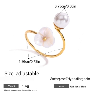 Bague Pour Femme En Acier Inoxydable Doré, Ornée D'Une Fleur En Coquillage Lustrée Et De Pierres Précieuses (1 Pièce). h5 Image2
