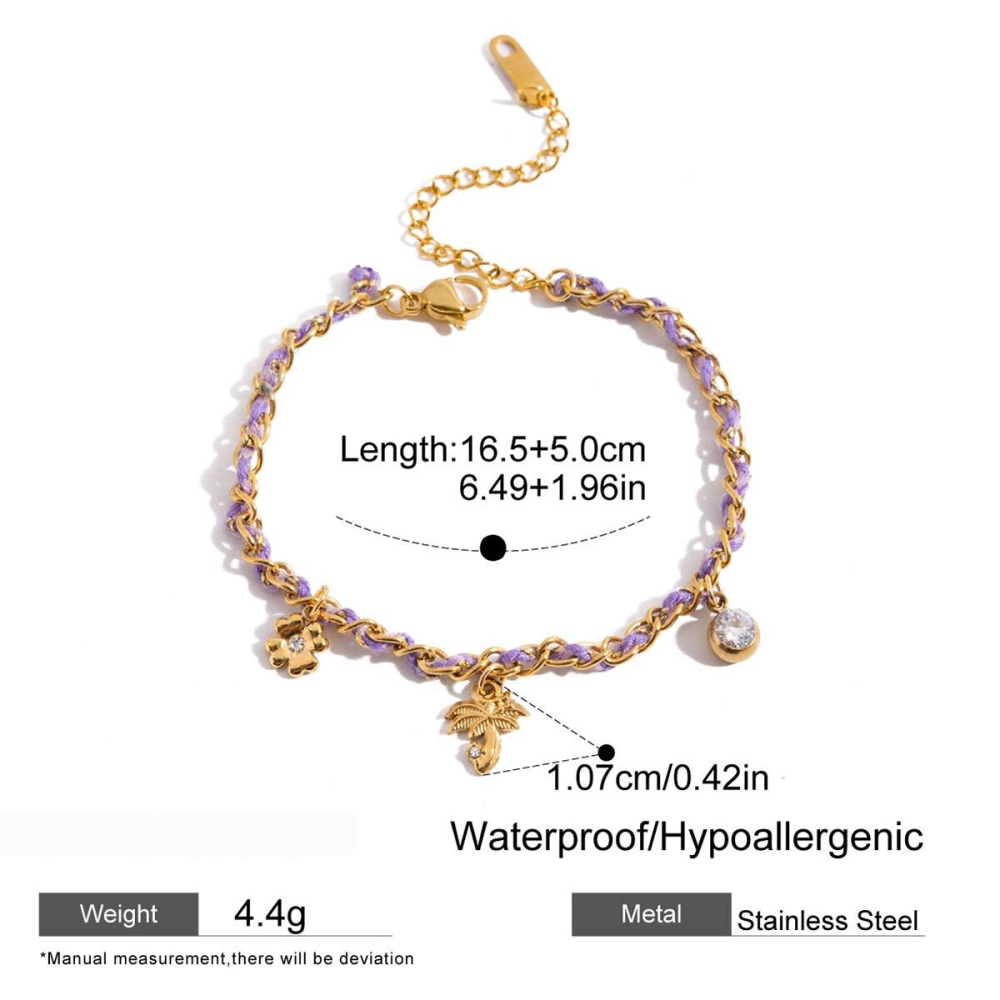 Bracelet Tressé Pour Femme, Couleur Or, En Acier Inoxydable, Imperméable, Motif Palmier De Coco Violet (1 Pièce). Image2