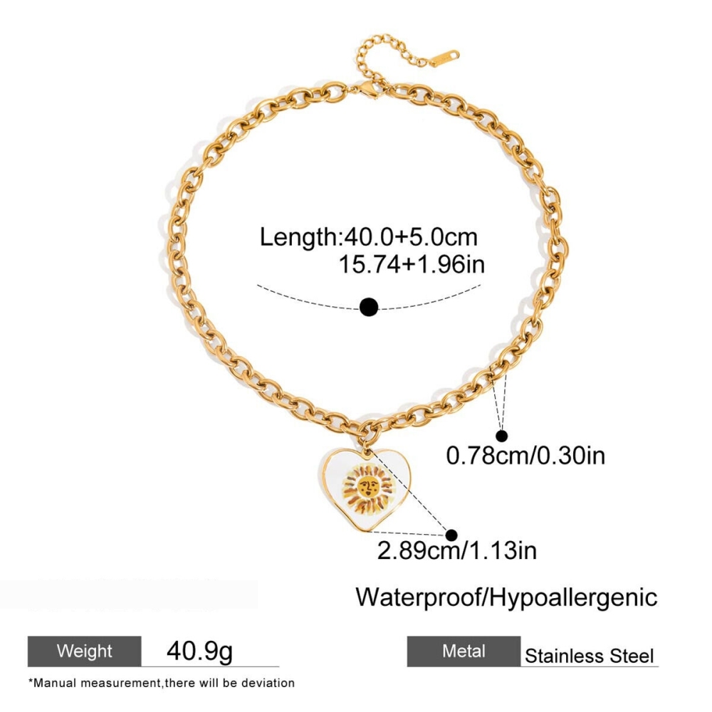 Collier Pendentif Femme En Acier Inoxydable Doré, Couleur Or, Motif Soleil Peint (1 Pièce) - Collection Classique Image2