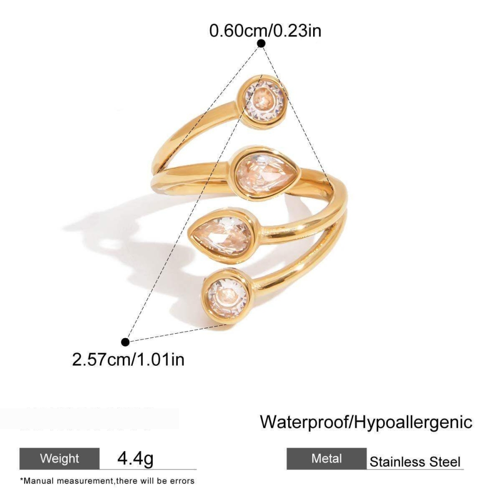 Bague Pour Femme En Acier Inoxydable Doré, Imperméable, Ornée D'Une Pierre Précieuse Et Ornée D'Une Goutte D'Eau. h5Image2