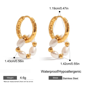Boucles D'Oreilles Créoles Rétro En Acier Inoxydable Étanche Couleur Or Avec Perles h5 Image2