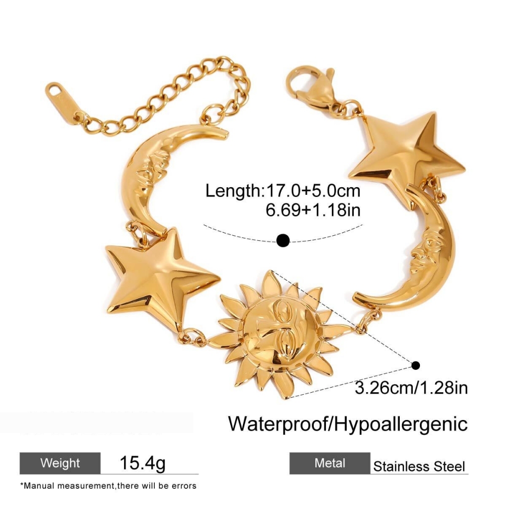 Bracelets À Breloques Rétro Soleil/Lune En Acier Inoxydable Étanche Couleur Or Pour Femmes 