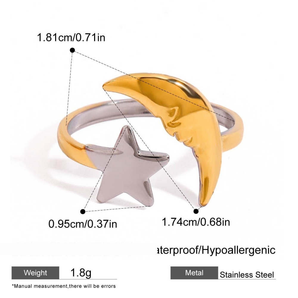 Bague Ajustable Pour Femme, En Acier Inoxydable Bicolore Or Et Argent, Étanche, Motif Étoile Et Lune. 