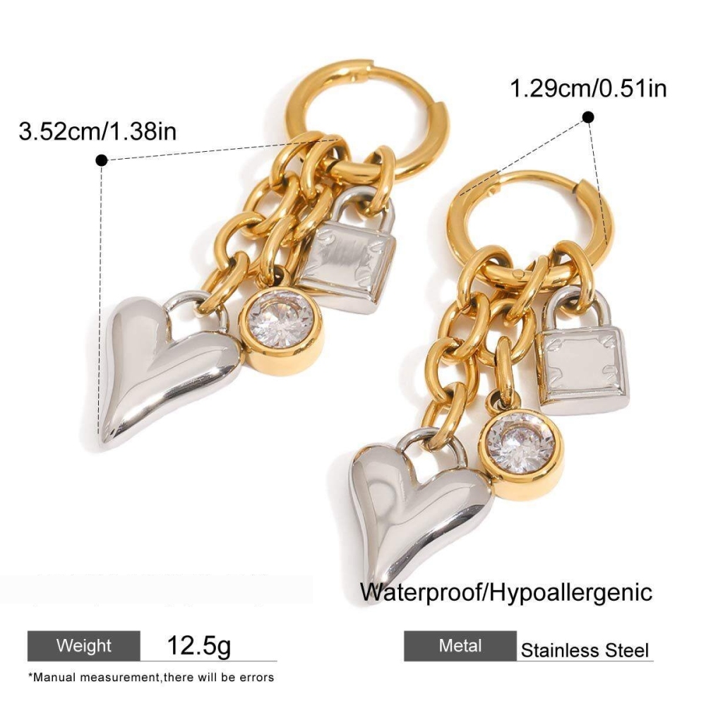 1 Paire De Boucles D'Oreilles Pendantes Pour Femme, Série Simple, , Cœur, Acier Inoxydable, Couleur Or, Strass 