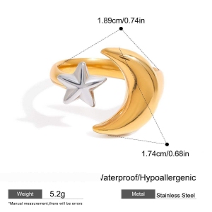 Bague Simple Pour Femme, Motif Lune Et Étoile, En Acier Inoxydable Étanche, Coloris Or Et Argent, Collection Classique. h5 