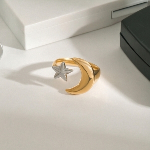 Bague Simple Pour Femme, Motif Lune Et Étoile, En Acier Inoxydable Étanche, Coloris Or Et Argent, Collection Classique. h5 Image2