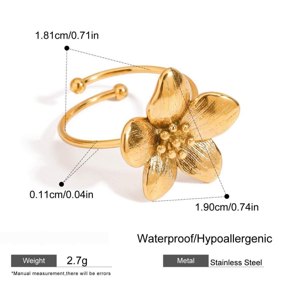 Bague Ajustable Pour Femme, Collection Romantique, Élégante Et Délicate, En Acier Inoxydable Doré, Étanche, Ornée D'Une Fleur.