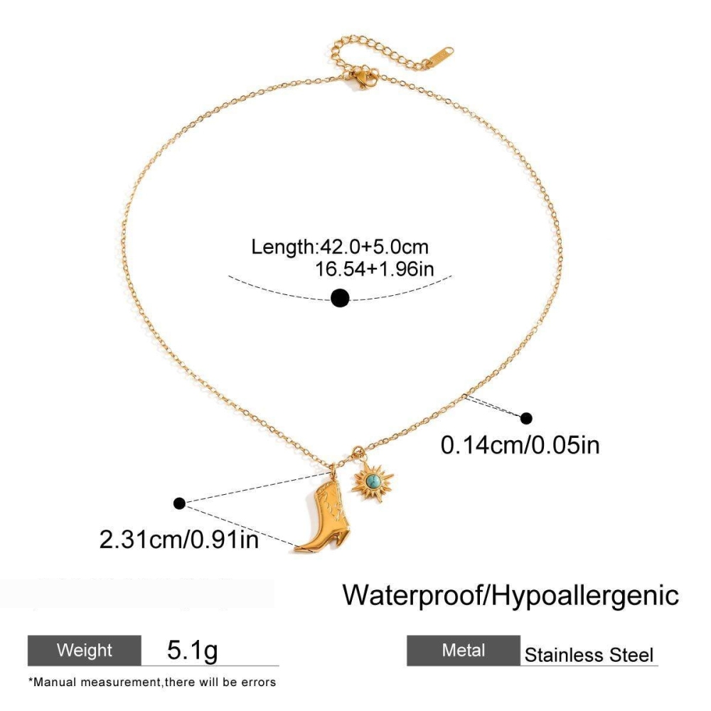 Collier Pendentif Femme Élégant En Forme De Botte, Style Soleil, En Acier Inoxydable, Étanche, Couleur Or, Avec Pierre Naturelle (1 Pièce). 