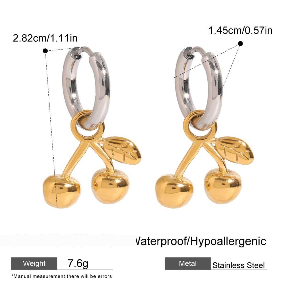 1 Paire De Boucles D'Oreilles Pendantes Élégantes En Forme De Cerise, En Acier Inoxydable Imperméable, Couleur Or Et Argent, Collection Romantique.