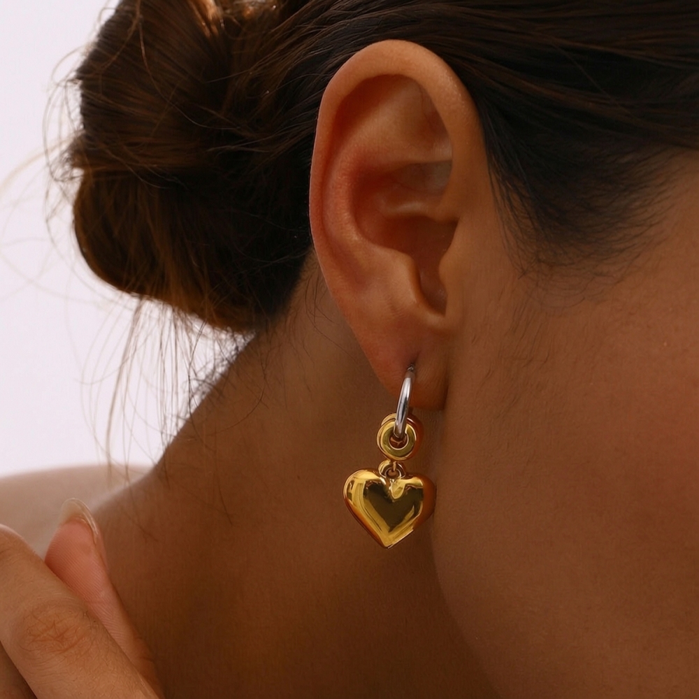 Boucles D'Oreilles Pendantes Asymétriques En Forme De Cœur, En Acier Inoxydable Imperméable, Couleur Or Et Argent, Collection Simple Series (1 Paire). Image2