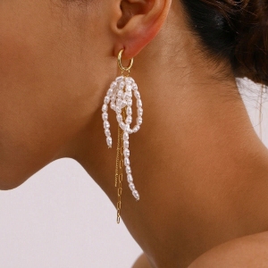 Boucles D'Oreilles Élégantes À Pompons Et Nœud Papillon, En Acier Inoxydable Imperméable, Couleur Or, Pour Femme (1 Paire). h5