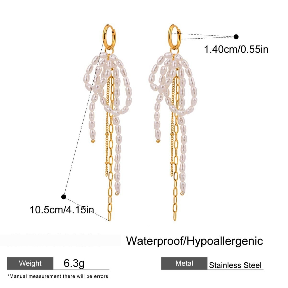 Boucles D'Oreilles Élégantes À Pompons Et Nœud Papillon, En Acier Inoxydable Imperméable, Couleur Or, Pour Femme (1 Paire). h5Image2