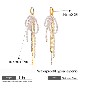 Boucles D'Oreilles Élégantes À Pompons Et Nœud Papillon, En Acier Inoxydable Imperméable, Couleur Or, Pour Femme (1 Paire). h5 Image2