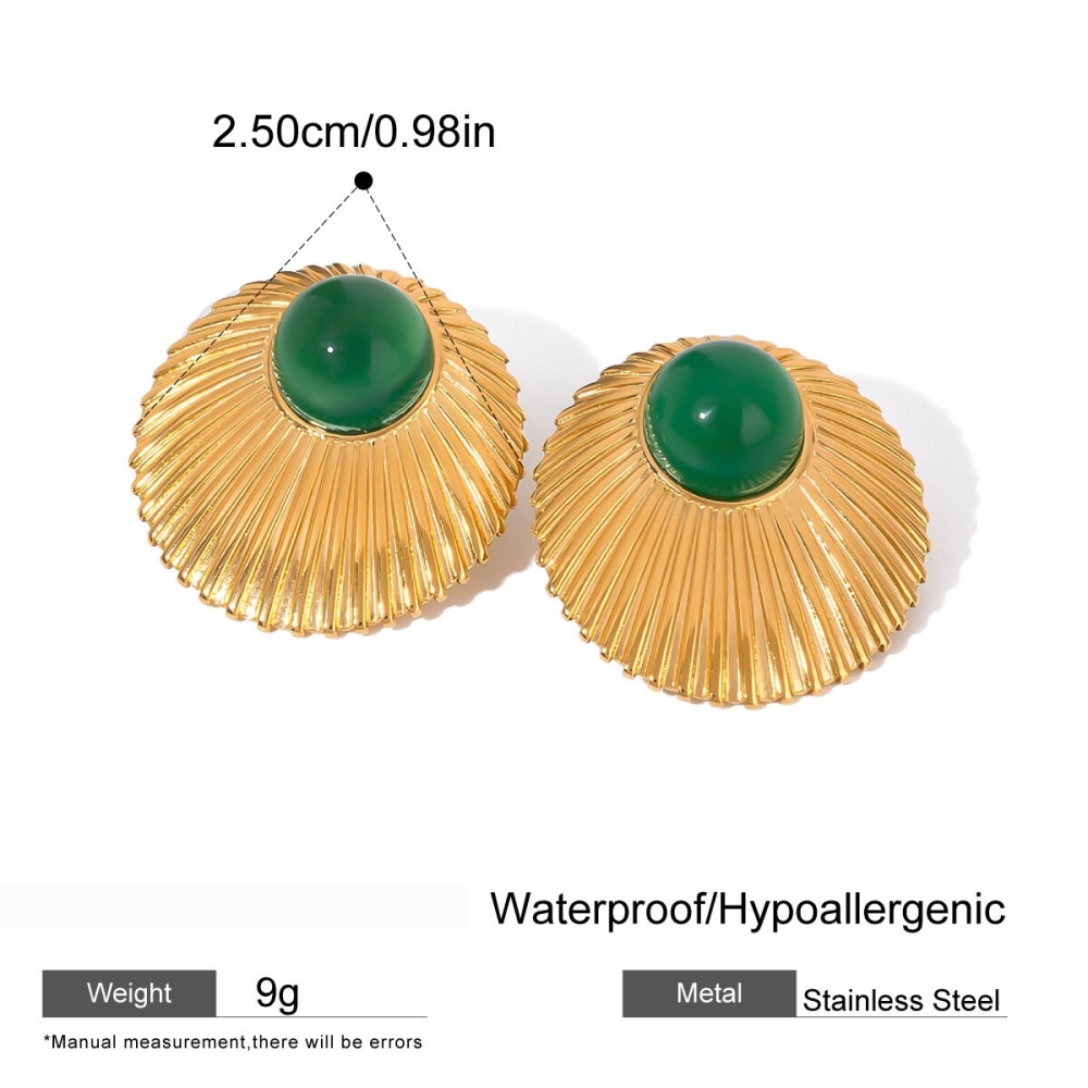 1 Paire De Boucles D'Oreilles Puces Classiques Vintage Annulaires En Acier Inoxydable Doré Étanche Avec Pierre Naturelle, Collection Luxe Pour Femmes Image2
