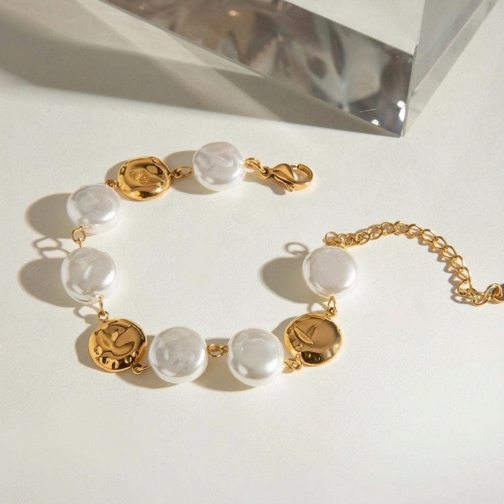 Bracelet De Perles Rétro Rond En Acier Inoxydable Étanche Couleur Or Pour Femme (1 Pièce)