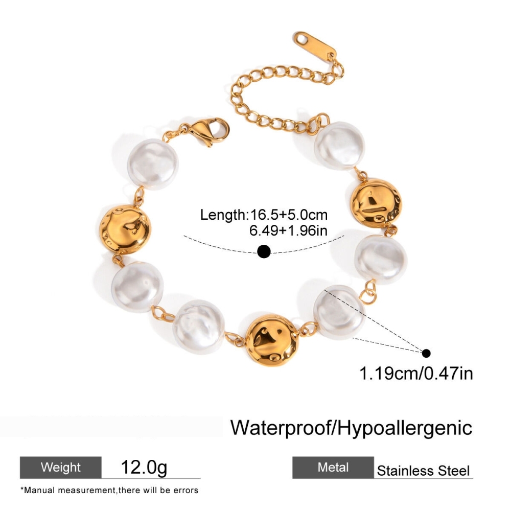 Bracelet De Perles Rétro Rond En Acier Inoxydable Étanche Couleur Or Pour Femme (1 Pièce) Image2