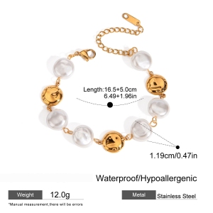 Bracelet De Perles Rétro Rond En Acier Inoxydable Étanche Couleur Or Pour Femme (1 Pièce) h5 Image2