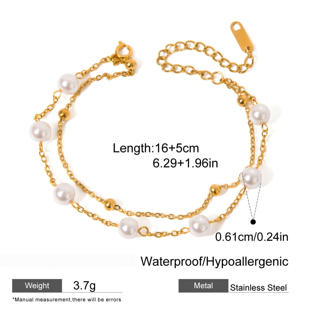 Bracelet De Perles Classique De Luxe Pour Femme, En Acier Inoxydable, Étanche, Couleur Or (1 Pièce). h5Image2