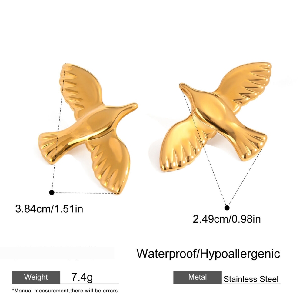 Boucles D'Oreilles Puces Pour Femme, Collection Romantique, En Forme D'Oiseau, En Acier Inoxydable, Couleur Or, Étanches, Parfaites Au Quotidien (1 Paire). Image2