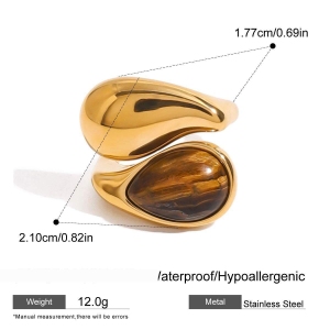 Bague Ajustable Pour Femme, En Acier Inoxydable Doré, Ornée D'Une Pierre Naturelle En Forme De Goutte (1 Pièce), Collection Classique. h5 Image2