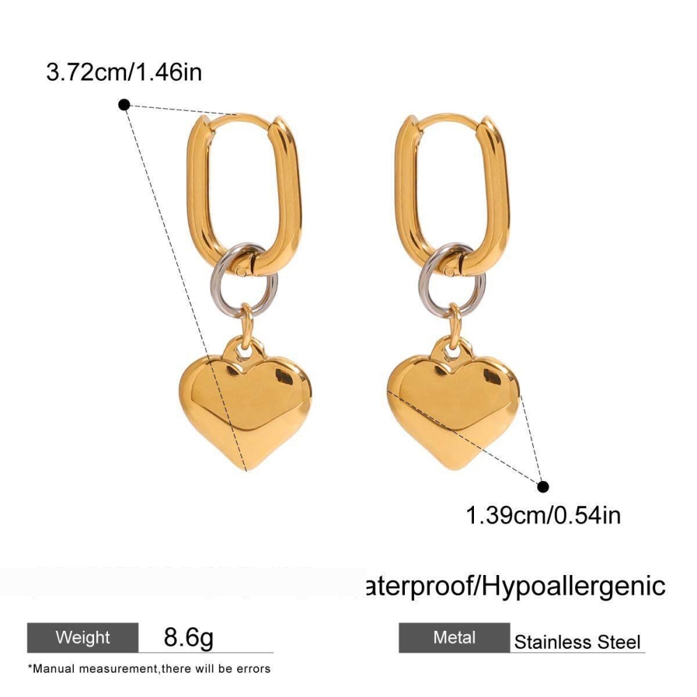1 Paire De Boucles D'Oreilles Pendantes Pour Femme, Style Classique Cœur, En Acier Inoxydable Étanche, Coloris Or Et Argent. Collection Moderne. Image2