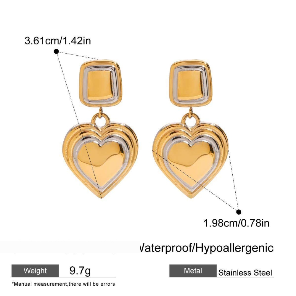 Boucles D'Oreilles Pendantes Pour Femme, En Acier Inoxydable Étanche, Forme Cœur, Coloris Or Et Argent, Collection Classique (1 Paire). Image2