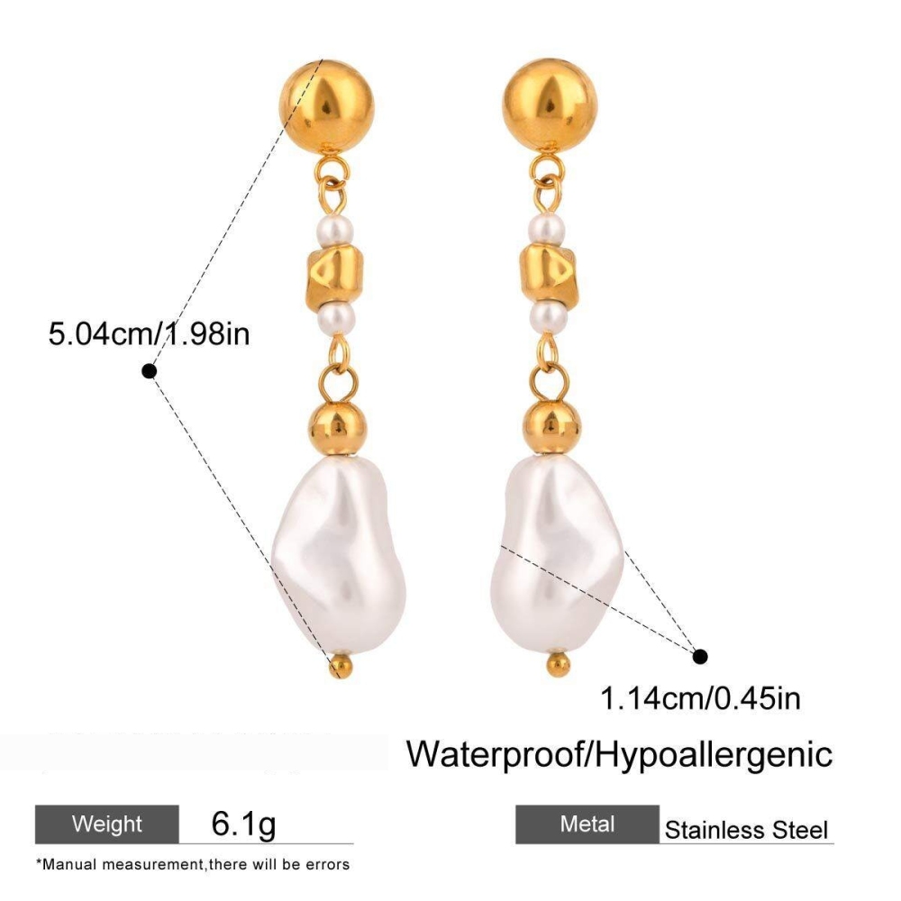 Boucles D'Oreilles À Perles Pour Femme, Collection Romantique, En Acier Inoxydable Doré, Imperméables, De Forme Irrégulière Et Raffinée. Image2