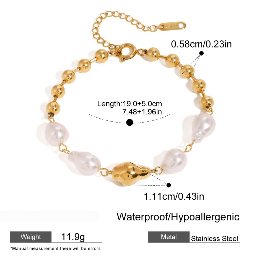 Bracelet Élégant En Acier Inoxydable Plaqué Or  Avec Perles Artificielles Pour Femme, Série Classique, 1 Pièce Image2