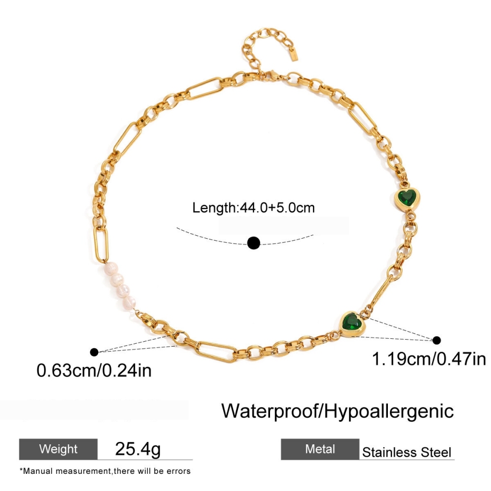 Collier Chaîne Pour Femme En Acier Inoxydable Plaqué Or  Avec Perles Artificielles, Série Simple, Cœur Doux Image2