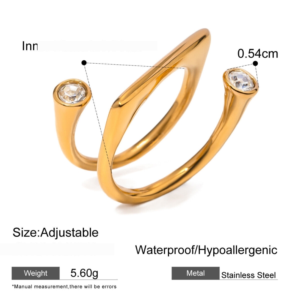 Bague Ajustable Pour Femme, En Acier Inoxydable Plaqué Or, Ornée De Strass Et De Formes Géométriques (1 Pièce). Image2